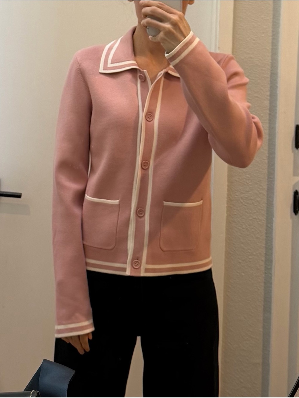 & Other Stories Rose Pink Knit Blazer with Cream Trim
